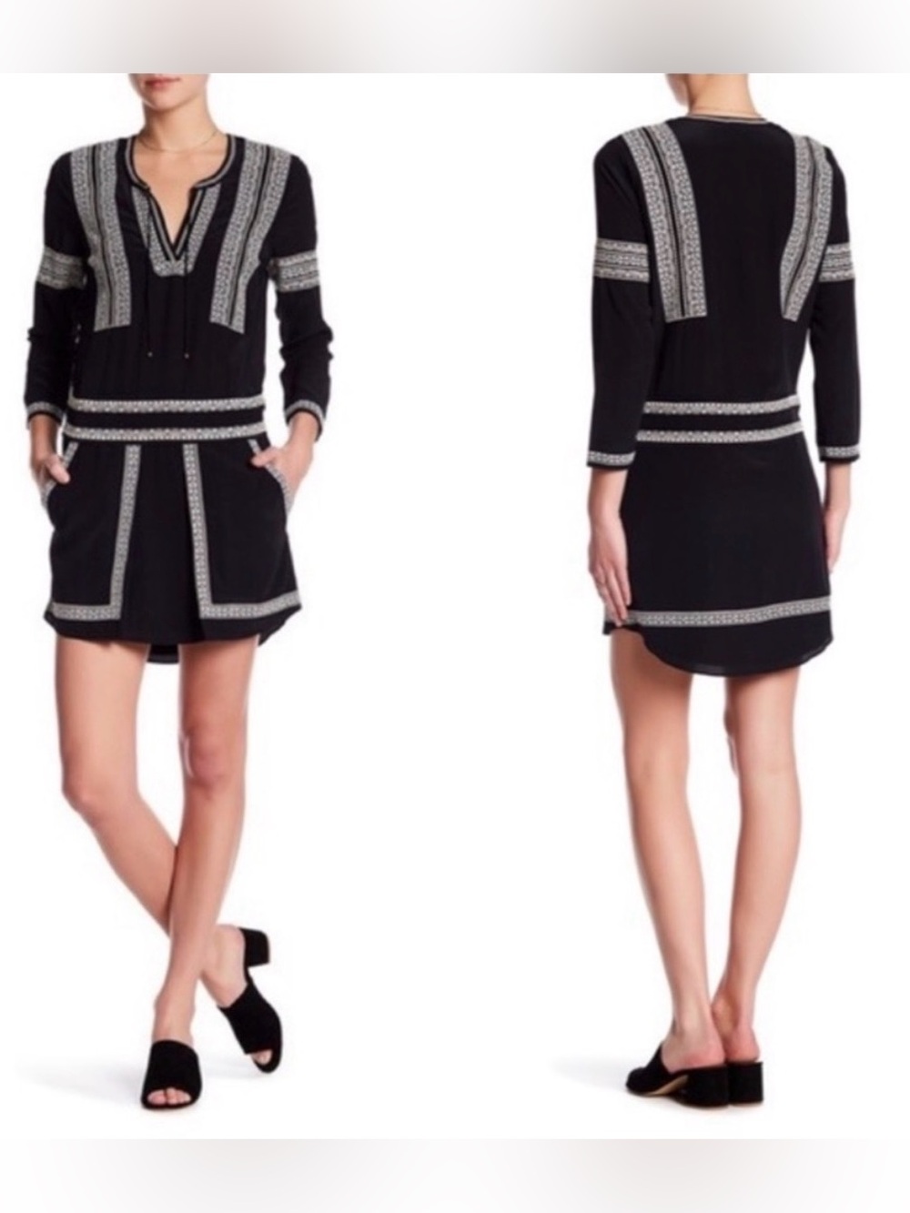 Veronica Beard | Ignacio Silk Dress Black womens Size 10 Embroidered Drop Waist